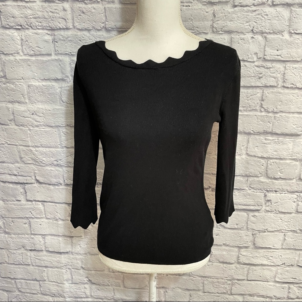 Philosophy Three Quarter Sleeve Scalloped Neckline & Sleeves Sweater
